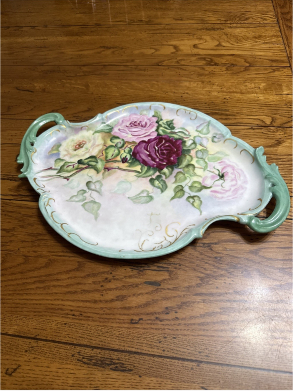 Vintage Limoges France Hand Painted Floral Porcelain Tray Gilt Metal Handles